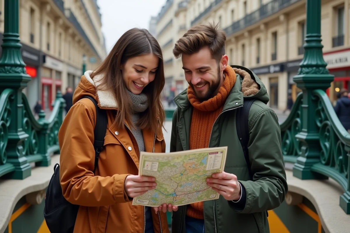 Couple consultant un plan papier du métro de Paris devant une entrée Art Nouveau