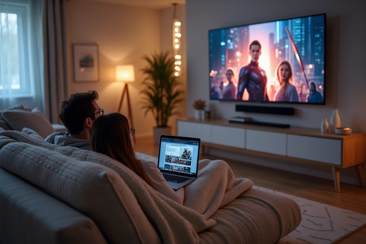 Couple regardant un film Marvel en ordre chronologique sur leur canapé avec une liste de visionnage sur ordinateur portable
