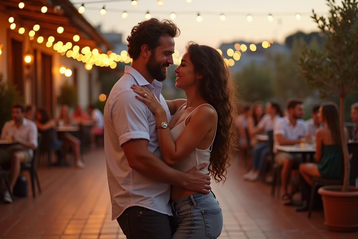 Couple timide essayant le zouk pour la première fois lors d'une soirée dansante en terrasse urbaine, entouré d'une ambiance décontractée