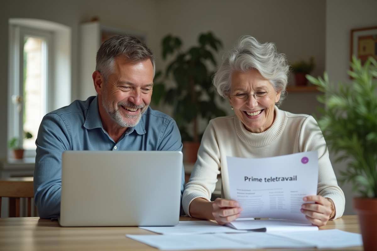 Couple travaillant à la maison avec documents prime télétravail
