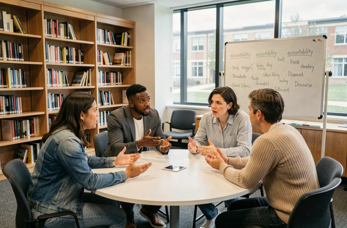 Groupe de personnes débattant autour d'une table en salle universitaire, représentant le débat intellectuel complexe autour de la cancel culture et ses définitions médiatiques