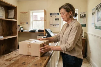 Femme déposant un colis Colissimo au guichet d'un bureau de poste rural en France