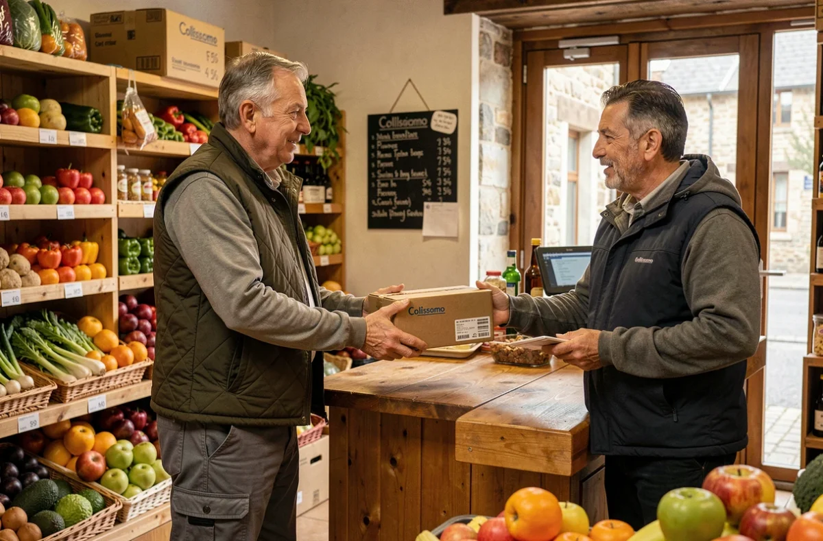 Homme remettant un colis Colissimo à un commerçant en épicerie de village rural