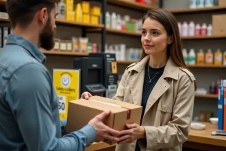 Femme déposant un colis de retour au comptoir d'un point relais Chronopost en boutique de proximité