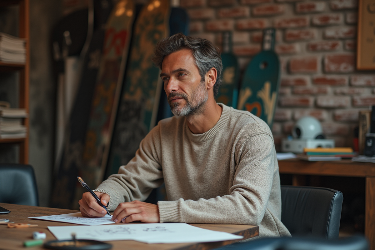 Homme d'âge moyen dessinant dans son studio créatif