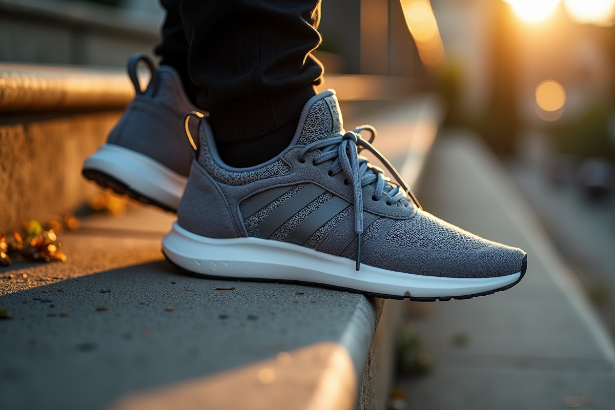 Zoom sur des sneakers streetwear avec textures et lacets en focus