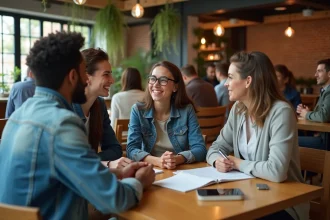 Groupe de jeunes adultes divers discutant de sujets sociaux et culturels autour d'une table de café, illustrant le débat autour de la définition du mouvement woke