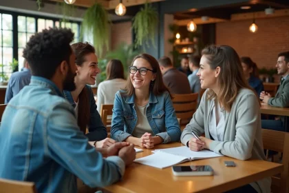 Groupe de jeunes adultes divers discutant de sujets sociaux et culturels autour d'une table de café, illustrant le débat autour de la définition du mouvement woke