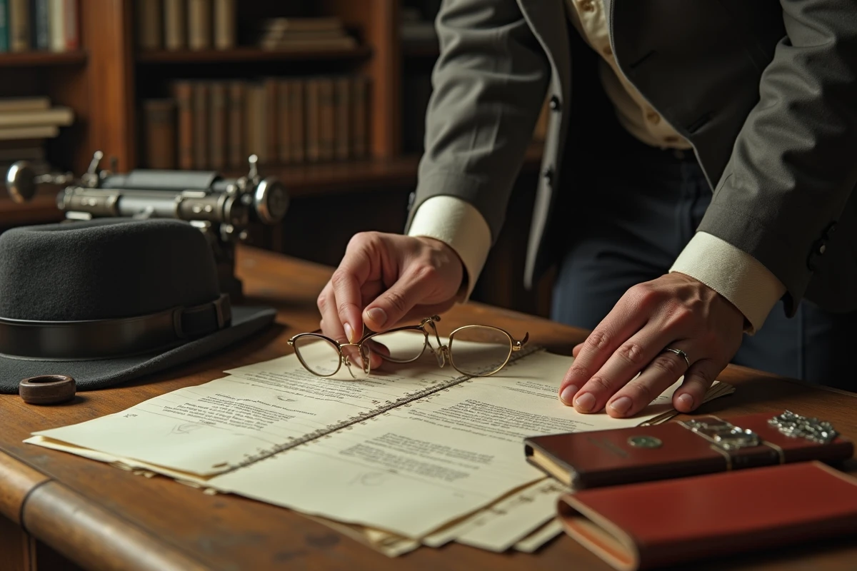 Main ajustant un fedora avec papiers anciens sur une table