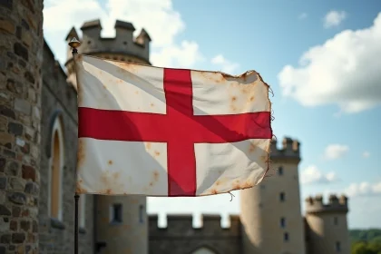Drapeau de Saint-Georges accroché sur un mur de château médiéval en pierre en Angleterre, tissu effiloché par le temps sous un ciel nuageux