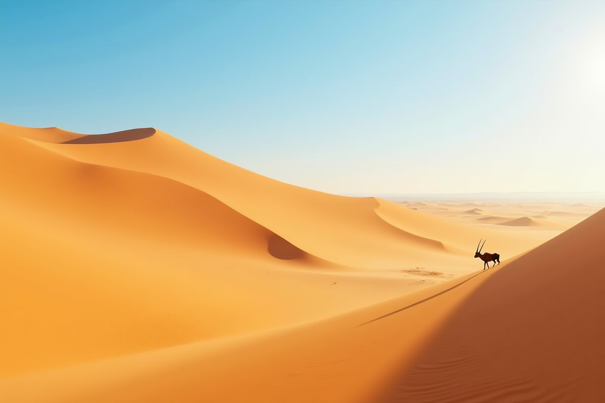 Dunes dorées du désert du Namib avec oryx au lever du soleil