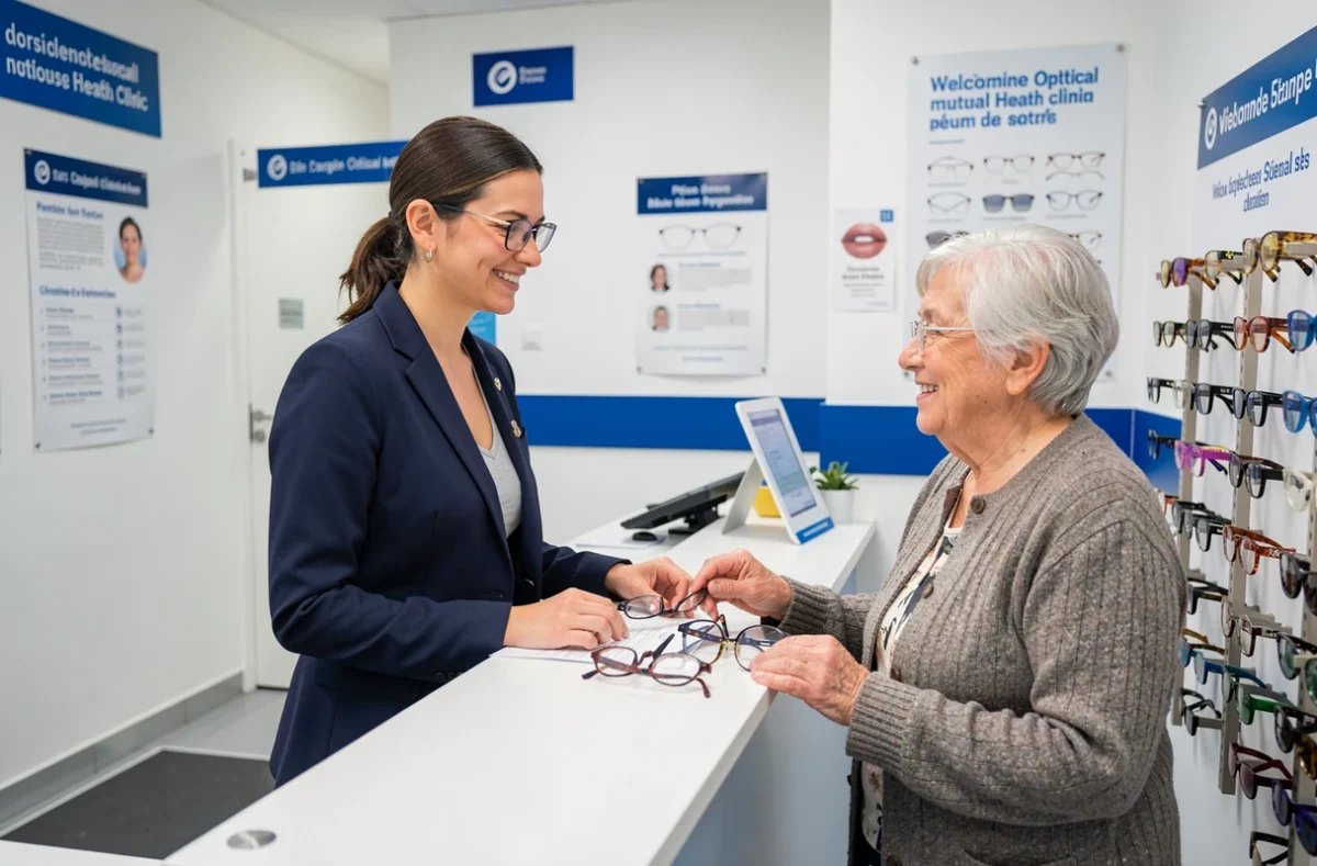 Opticienne mutualiste aidant une cliente âgée à choisir des lunettes abordables dans une clinique optique solidaire à Nice