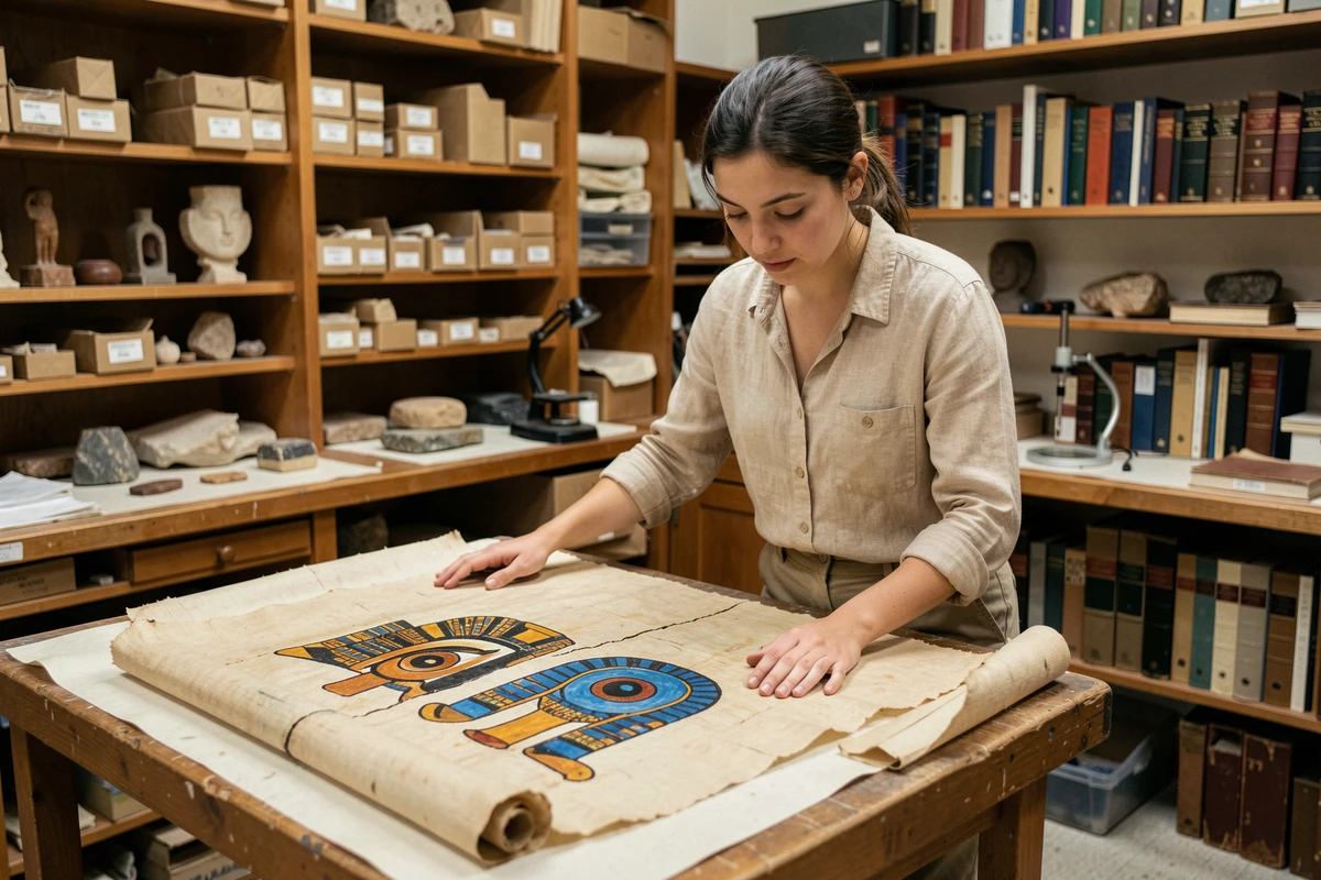 Égyptologue examinant un papyrus ancien avec des représentations de l'œil d'Horus et de l'œil de Rê dans un laboratoire de conservation