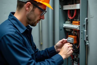 Électricien professionnel connectant un câble cuivre dans une borne de connexion rapide orange sur rail DIN dans un tableau électrique résidentiel