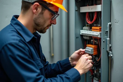 Électricien professionnel connectant un câble cuivre dans une borne de connexion rapide orange sur rail DIN dans un tableau électrique résidentiel