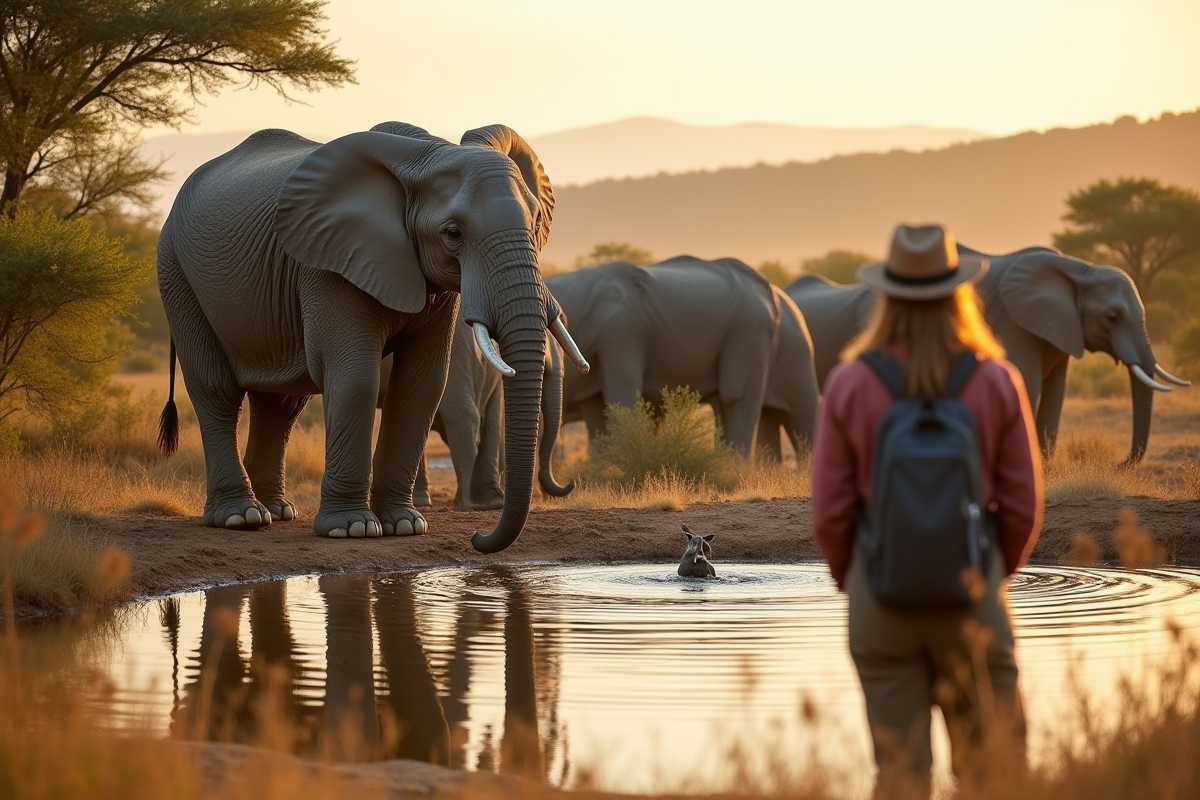 Touristes observant des éléphants sauvages à Etosha en Namibie
