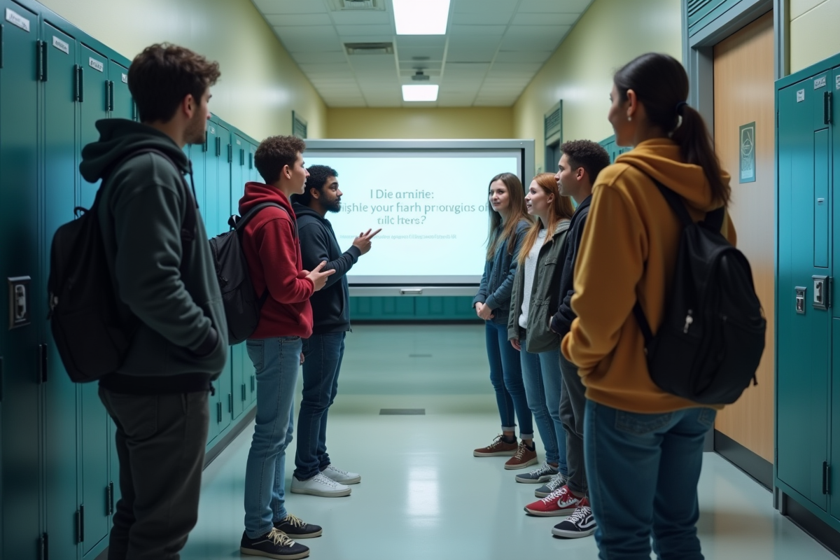 Elèves discutant autour d’un tableau numérique à l’école