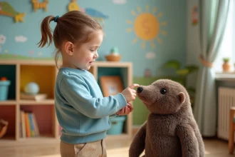 Petite fille curieuse pointant Tchoupie dans une salle de jeu