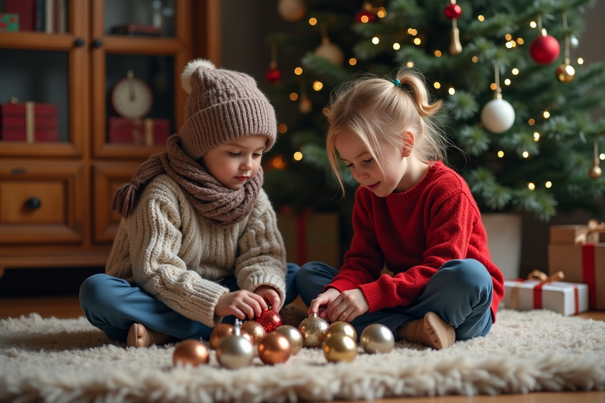 Deux enfants trient des boules de Noël dans le salon