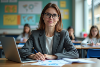 Enseignante concentrée dans une salle de classe moderne
