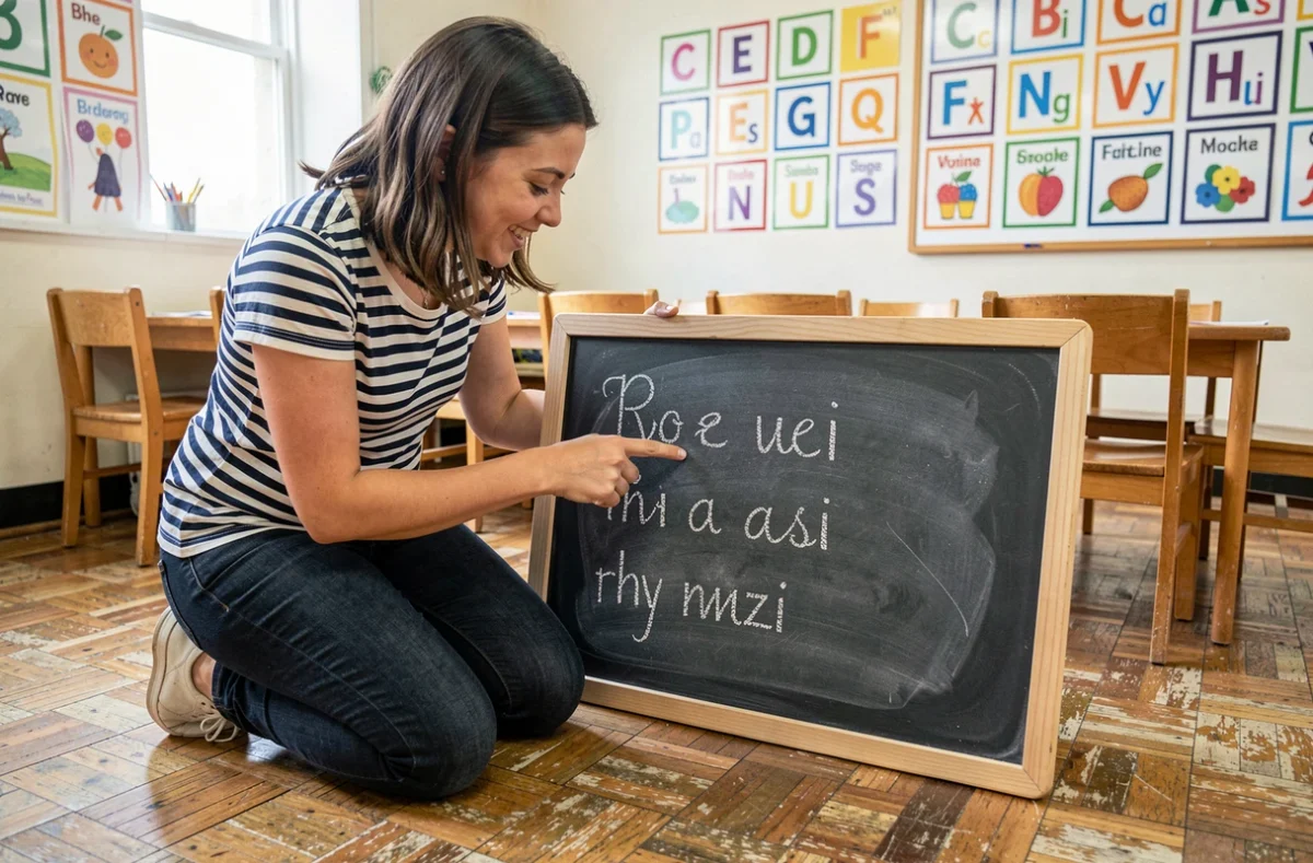 Enseignante montrant des mots qui riment en i sur un tableau noir en classe