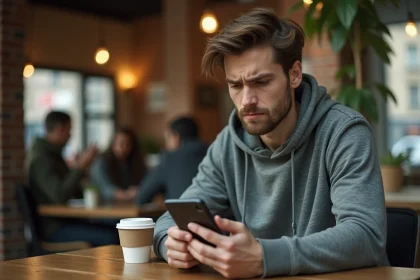 Homme utilisant son smartphone de manière anonyme dans un café pour envoyer des SMS avec un faux numéro