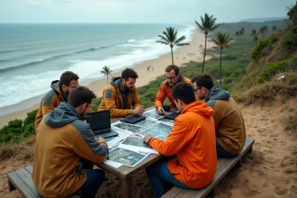 Equipe de scientifiques analysant des images satellite sur une côte dévastée