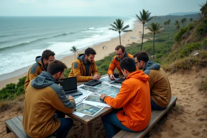 Equipe de scientifiques analysant des images satellite sur une c&ocirc;te d&eacute;vast&eacute;e