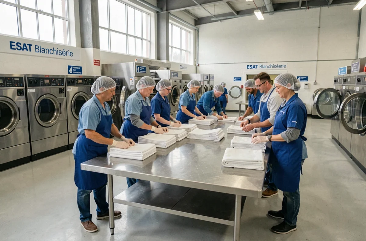 Équipe de l'ESAT de blanchisserie triant du linge professionnel dans un atelier industriel adapté