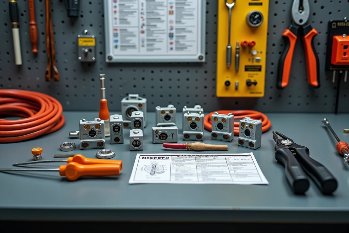 Établi d'électricien avec un assortiment de bornes de connexion rapide, câbles électriques et outils professionnels pour travaux de rénovation électrique