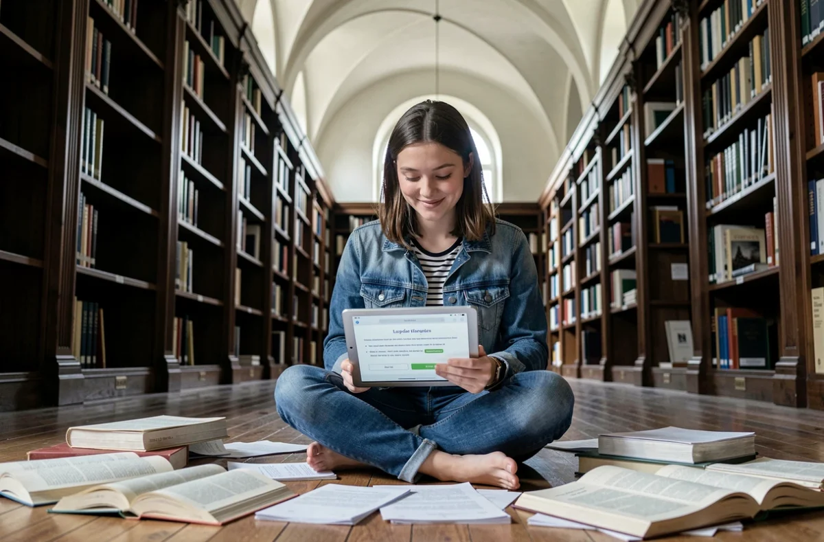 Étudiante révisant les règles de grammaire française dans une bibliothèque universitaire avec une tablette
