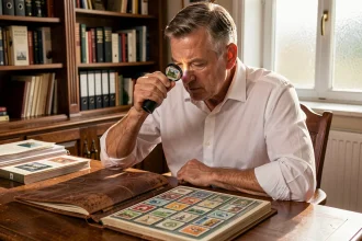 Expert philatéliste examinant des timbres anciens avec une loupe sur un bureau en bois