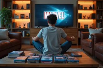 Fan Marvel assis entouré de films Blu-ray et comics dans un salon cosy pour organiser sa liste de visionnage chronologique