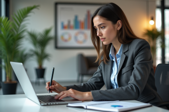 Femme d'affaires concentrée utilisant une application d'IA