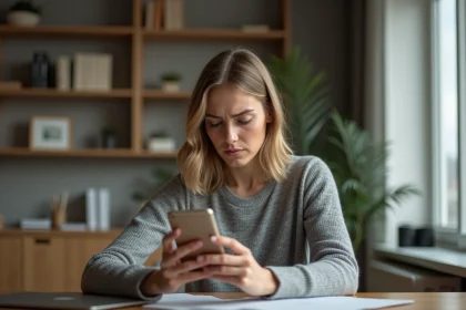 Femme consultant son smartphone face à un appel d'un numéro inconnu, assise à un bureau à domicile
