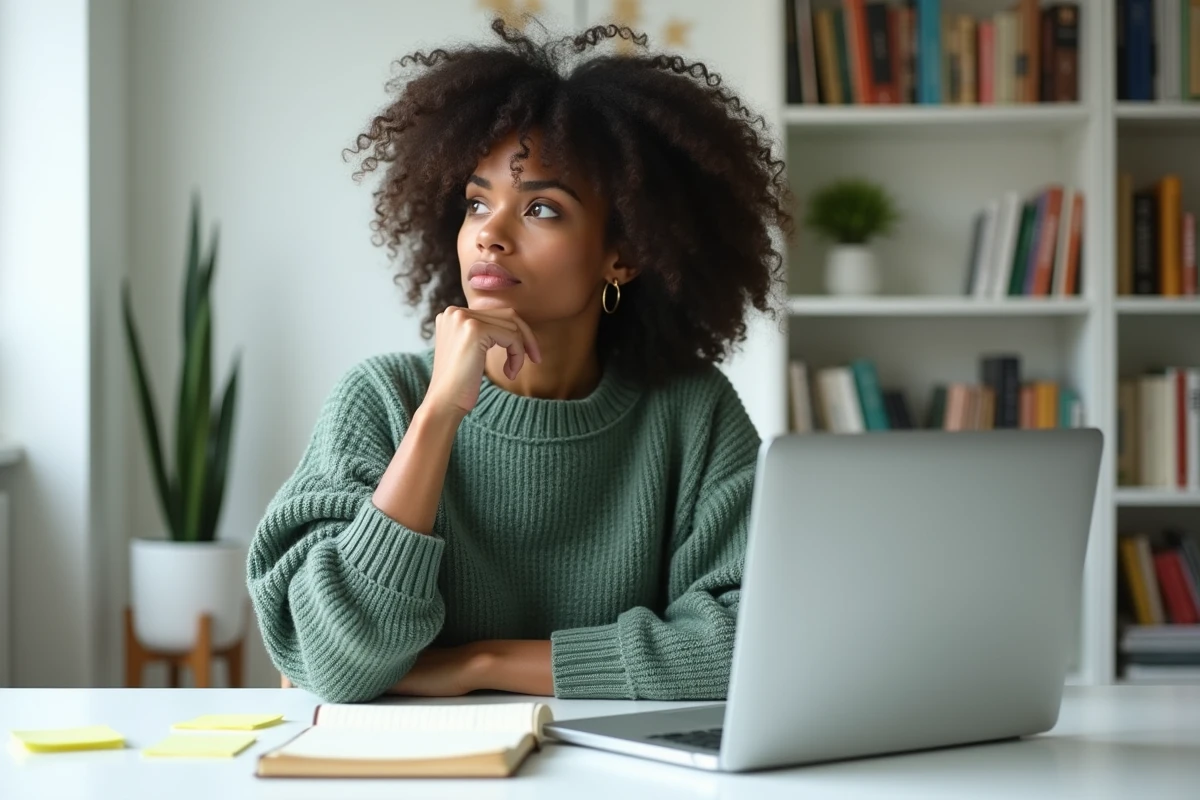 Femme pensive devant son ordinateur portable réalisant un auto-diagnostic sur ses valeurs et sa conscience sociale dans le contexte du mouvement woke