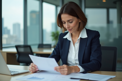 Femme professionnelle dans un bureau moderne examinant des documents bancaires