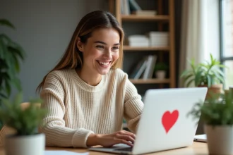 Femme souriante au bureau envoyant un message de remerciement
