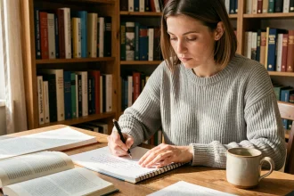 Femme concentrée relisant une phrase écrite dans un cahier de grammaire française à son bureau