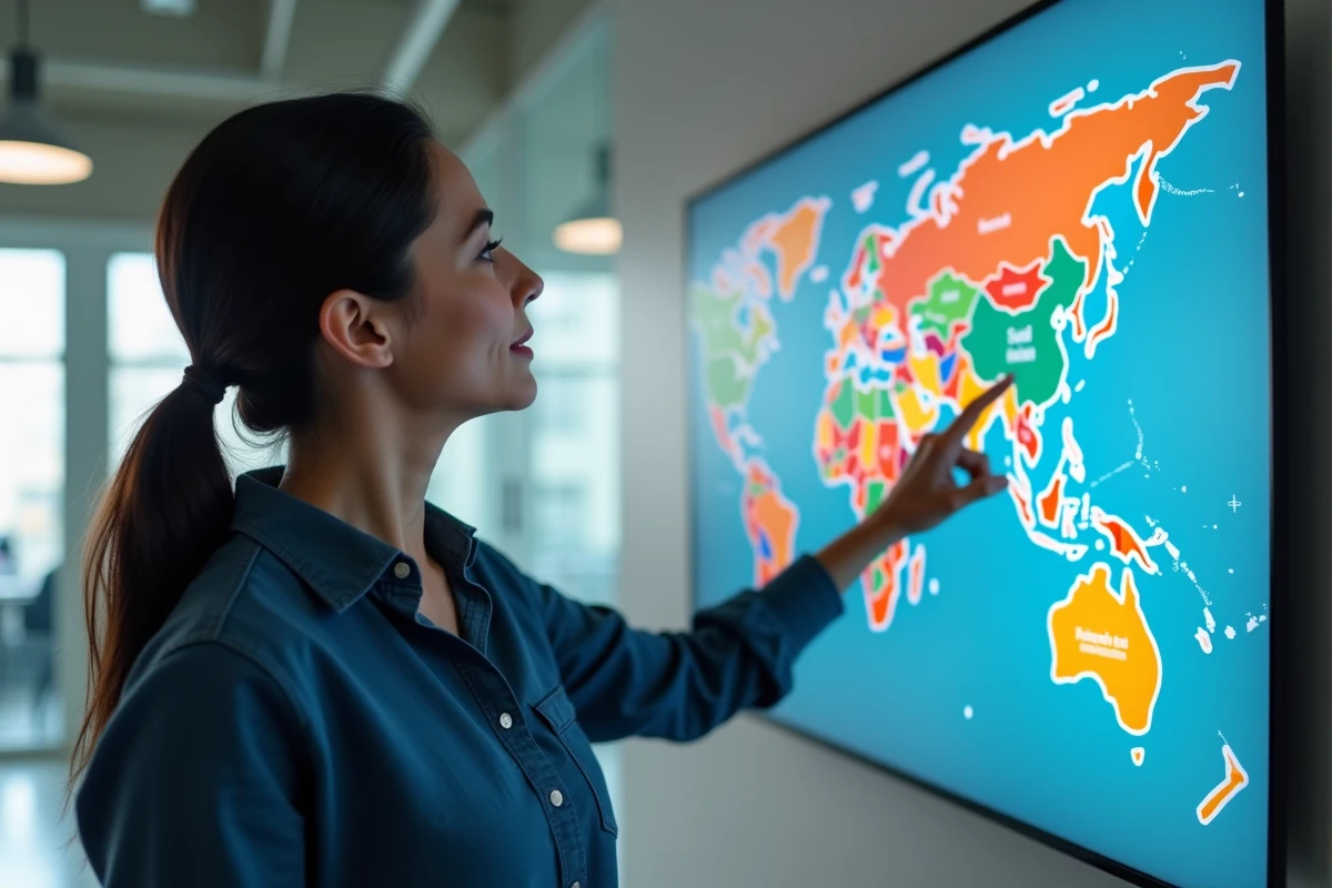 Femme hispanique désignant une carte démographique numérique des pays hispanophones dans un bureau moderne