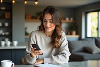 Femme concentrée utilisant son smartphone dans la cuisine