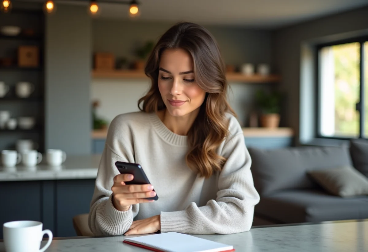 Femme concentrée utilisant son smartphone dans la cuisine