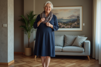 Femme confiante en robe navy ajustant son foulard dans un intérieur chaleureux