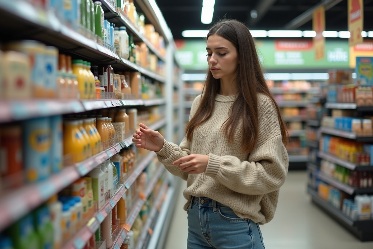 Jeune femme vérifiant un prix dans un supermarché