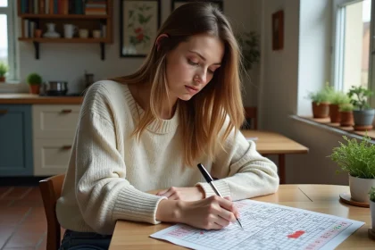 Jeune femme &eacute;crivant un mot crois&eacute; sur une table