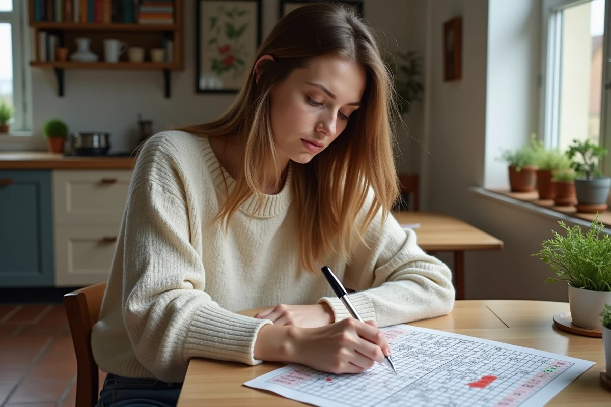 Jeune femme écrivant un mot croisé sur une table