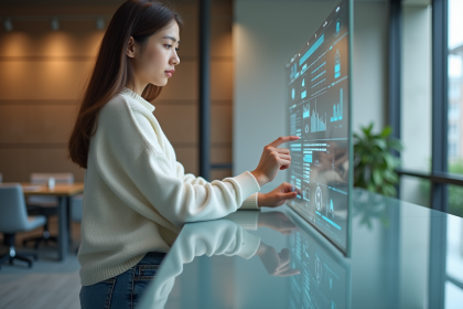 Jeune femme interagissant avec un écran tactile dans un bureau moderne