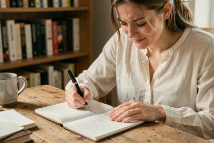 Jeune femme écrivant des rimes en i dans un carnet de poésie à son bureau