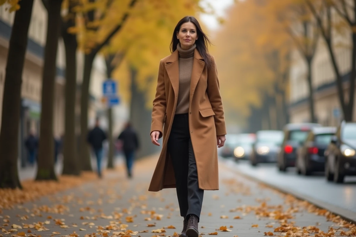Femme élégante en manteau camel marchant sur un boulevard parisien en automne, ambiance urbaine française