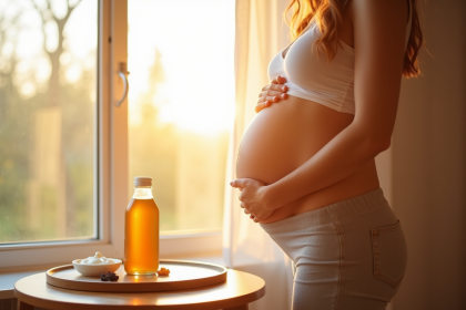 Femme enceinte près d'une fenêtre lumineuse avec vitamine D